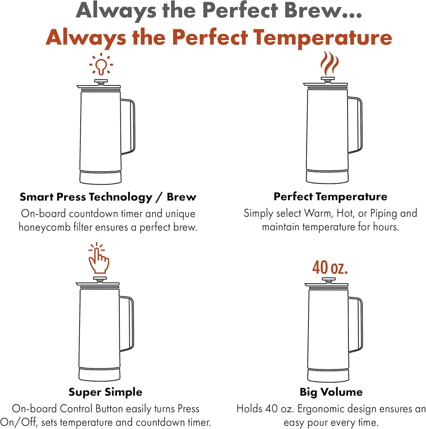 Nextmug Press - Temperature-Controlled, Self-Heating French Press (White - 40 oz.)