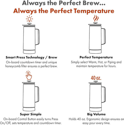 Nextmug Press - Temperature-Controlled, Self-Heating French Press (White - 40 oz.)