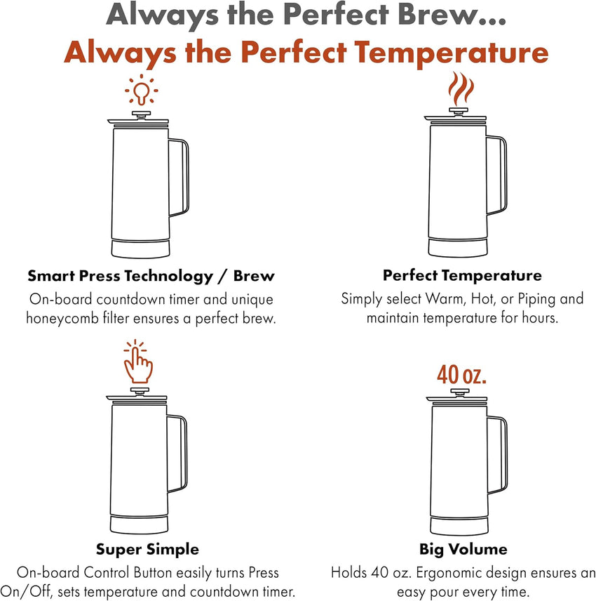 Nextmug Press - Temperature-Controlled, Self-Heating French Press (White - 40 oz.)