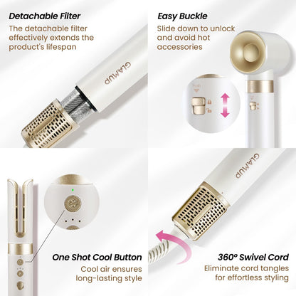 GLAMUP® 6 in 1 Hot Air Styler, Upgraded Long Barrel, Round Brush, Powerful High Speed Dryer, Tight Grip, Curling Volumizing Gift Set with Travel Bag