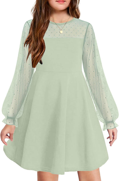 Arshiner Girl's Contrast Mesh Puff Long Sleeve High Waist A Line Short Dress with Pockets for 6-13 Years