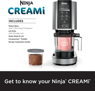 Ninja NC301 CREAMi Ice Cream Maker, for Gelato, Mix-ins, Milkshakes, Sorbet, Smoothie Bowls & More, 7 One-Touch Programs, with (2) Pint Containers & Lids, Compact Size, Perfect for Kids, Silver