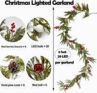 Christmas Garland 6FT 20 LED Bulbs Cypress Pine Garland with Lights Battery Operated with Timer Bells Red Berries Pinecones Green Garlands Decoration for Xmas Holiday Thanksgiving New Year Home Decor