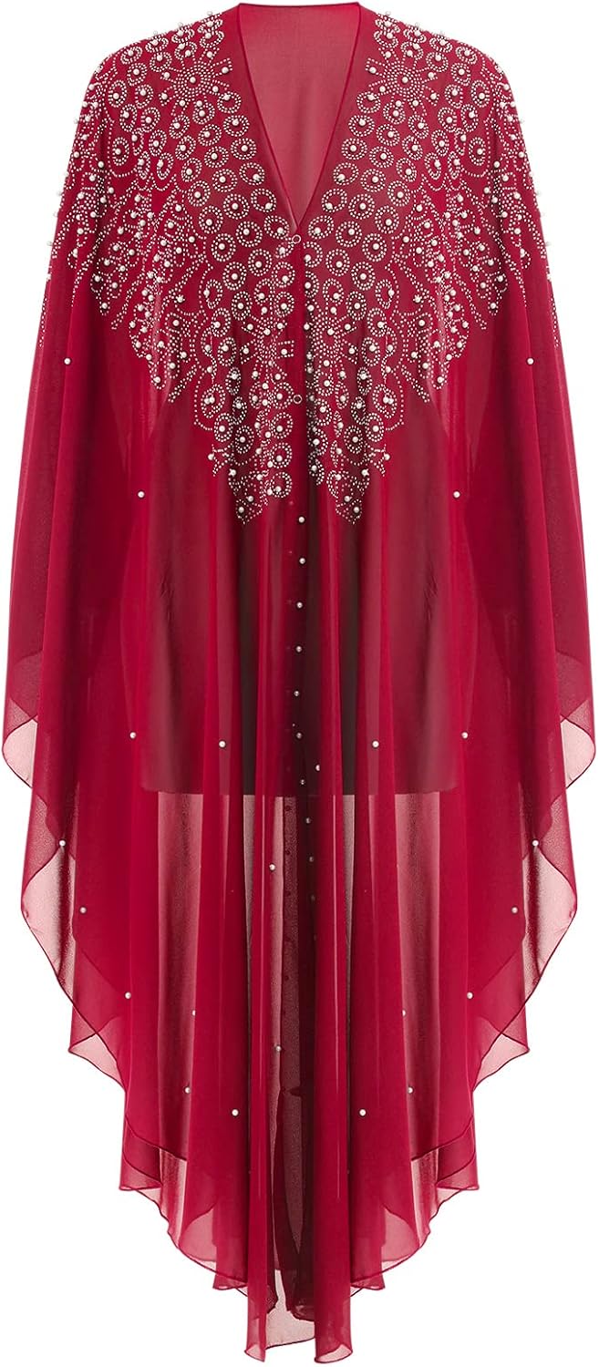 OBEEII Muslim Dress for Women Loose Batwing Sleeved Hooded Beaded Embroidery Long Abaya Dress Kaftan Abayas Islamic Robe