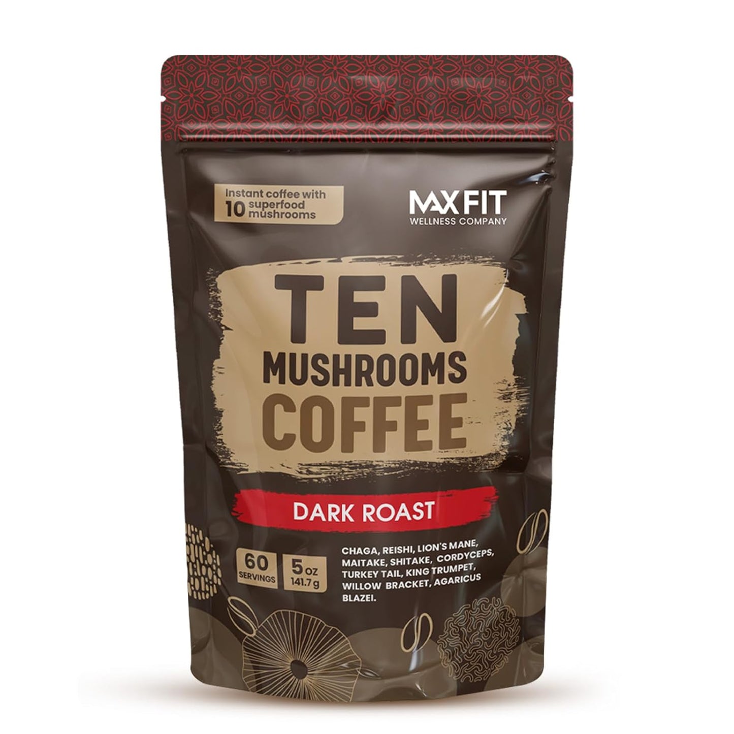 Skinny Instant Mushroom Coffee (60 Servings) Mental Focus Plus Diet Support - Turkey Tail, Maitake, Shiitake & Turmeric, Mixed With Gourmet 100% Arabica Medium Roast Instant Coffee