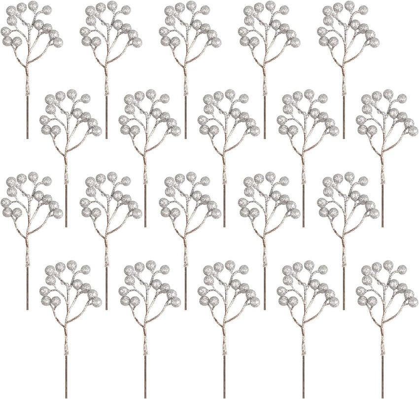 Fangoo 20 Pack 7 Inch Artificial Red Berry Picks for Christmas Tree Burgundy Red Berries Stems Holly Berry Branches Ornaments Wreath Crafts Wedding Holiday Season Winter Home Decor