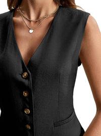 Mina Self Linen Vest Tops for Women Summer Lihtweight Breathable V-Neck Button Fashion Casual Work Beach Vacation Outerwear