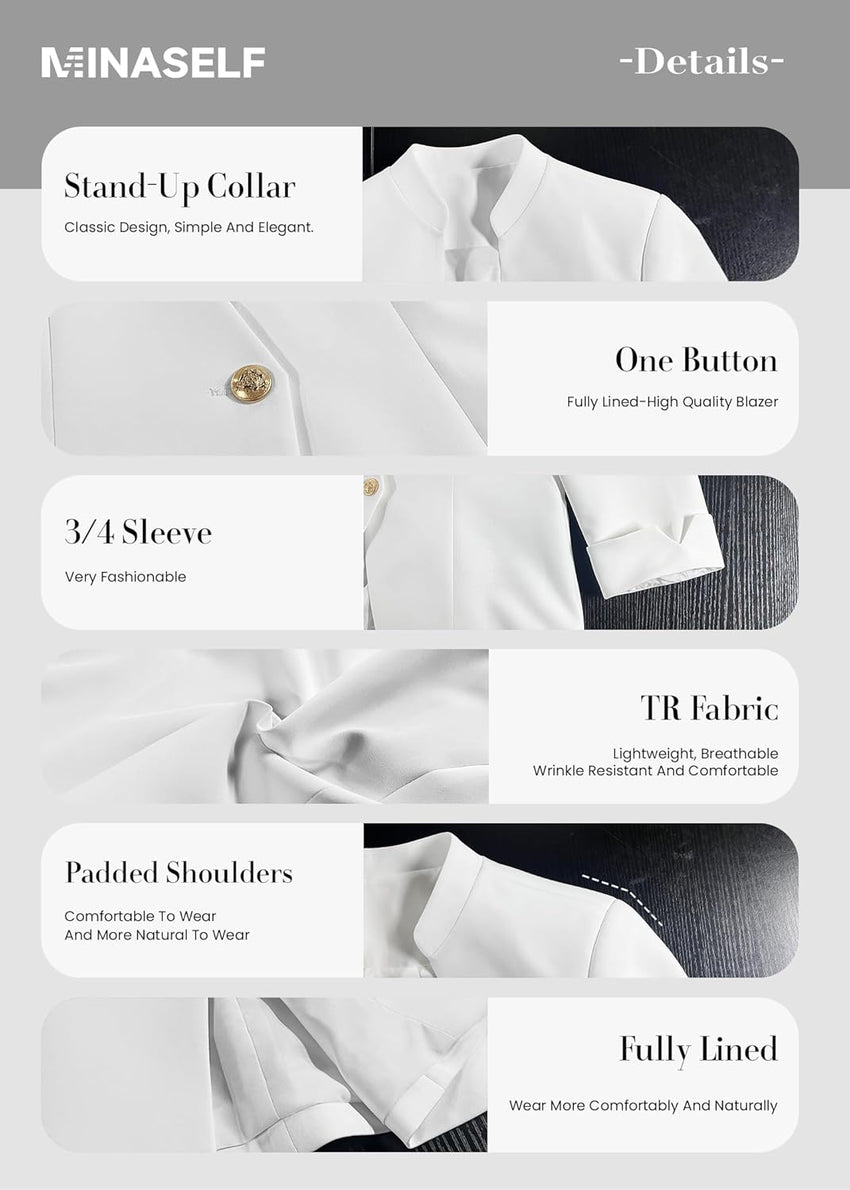 Mina Self 2025 Women's Summer 3/4 Sleeve Blazer Jacket Lightweight Fully-Lined Slim Stand Collar Casual Petite Work Suits