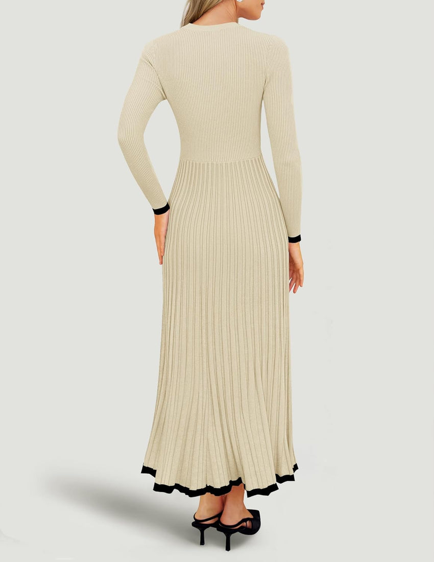ZESICA Women's Long Sleeve Sweater Dress Fall 2025 Crewneck Ribbed Knit Pleated A-Line Maxi Wedding Guest Dresses