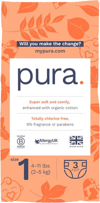 Pura Size 6 Eco-Friendly Diapers (29+ lbs) Hypoallergenic, Soft Organic Cotton, Sustainable, up to 12 Hours Leak Protection, Allergy UK, Recyclable Paper Packaging, 18 Count (Pack of 3) (54 Diapers)