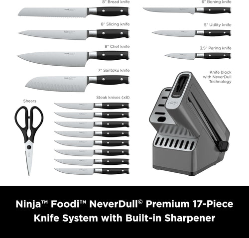 Ninja K32017 Foodi NeverDull Premium Knife System, 17 Piece Knife Block Set with Built-in Sharpener, German Stainless Steel Knives, Black