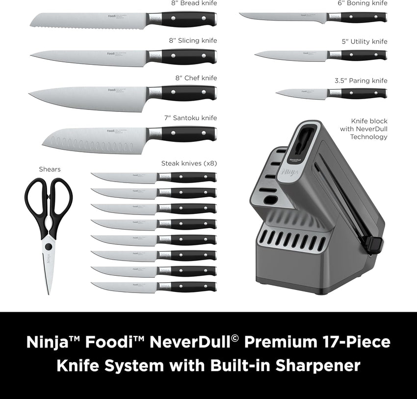 Ninja K32017 Foodi NeverDull Premium Knife System, 17 Piece Knife Block Set with Built-in Sharpener, German Stainless Steel Knives, Black
