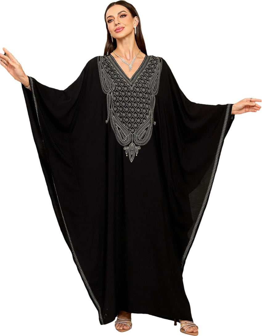 RanRui Women's Embroidered Kaftan Dresses Beach Blouse Cotton Gold Embroidery Holiday Robe Plus Size Caftans Kaftan Dress