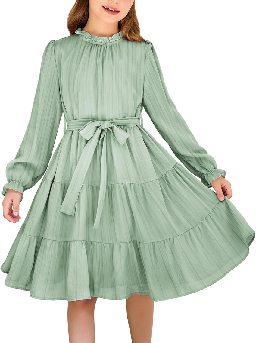 Arshiner Girls Long Sleeve Dress Tween Fall Formal Party Holiday Midi Tiered Flowy Swing Dresses with Belt 5-13 Y