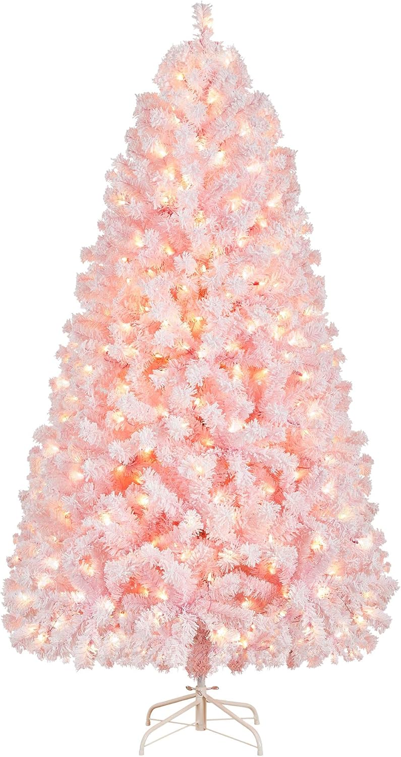 Yaheetech 6ft Snow Flocked Pre-lit Christmas Tree with 250 Warm White Lights, 820 Lush Branch Tips & Quick-Assembly Hinged Design, Full Artificial Xmas Tree for Winter Holiday Décor, Green & White