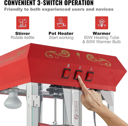 VEVOR Commercial Popcorn Machine, 8 Oz Kettle, 850 W Popcorn Maker on Wheels for 48 Cups per Batch, Theater Style Popper with 3-Switch Control Steel Frame Tempered Glass Doors Cart 1 Scoop 2 Spoons