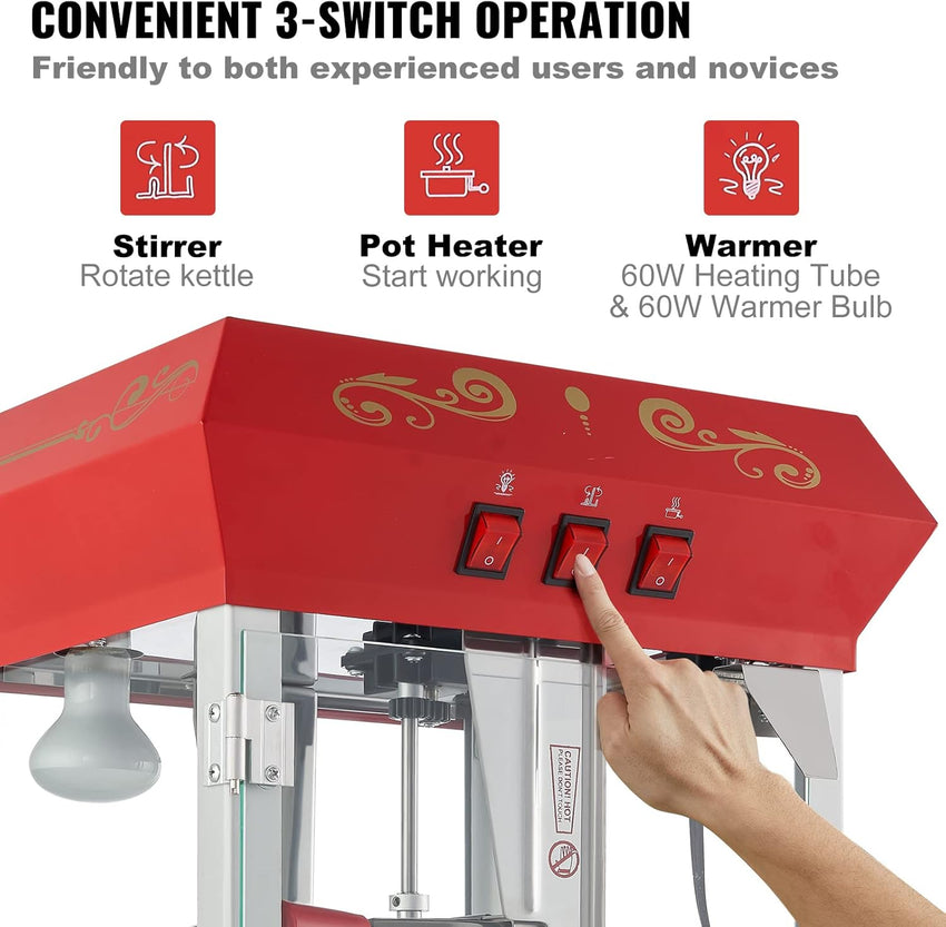 VEVOR Commercial Popcorn Machine, 8 Oz Kettle, 850 W Popcorn Maker on Wheels for 48 Cups per Batch, Theater Style Popper with 3-Switch Control Steel Frame Tempered Glass Doors Cart 1 Scoop 2 Spoons