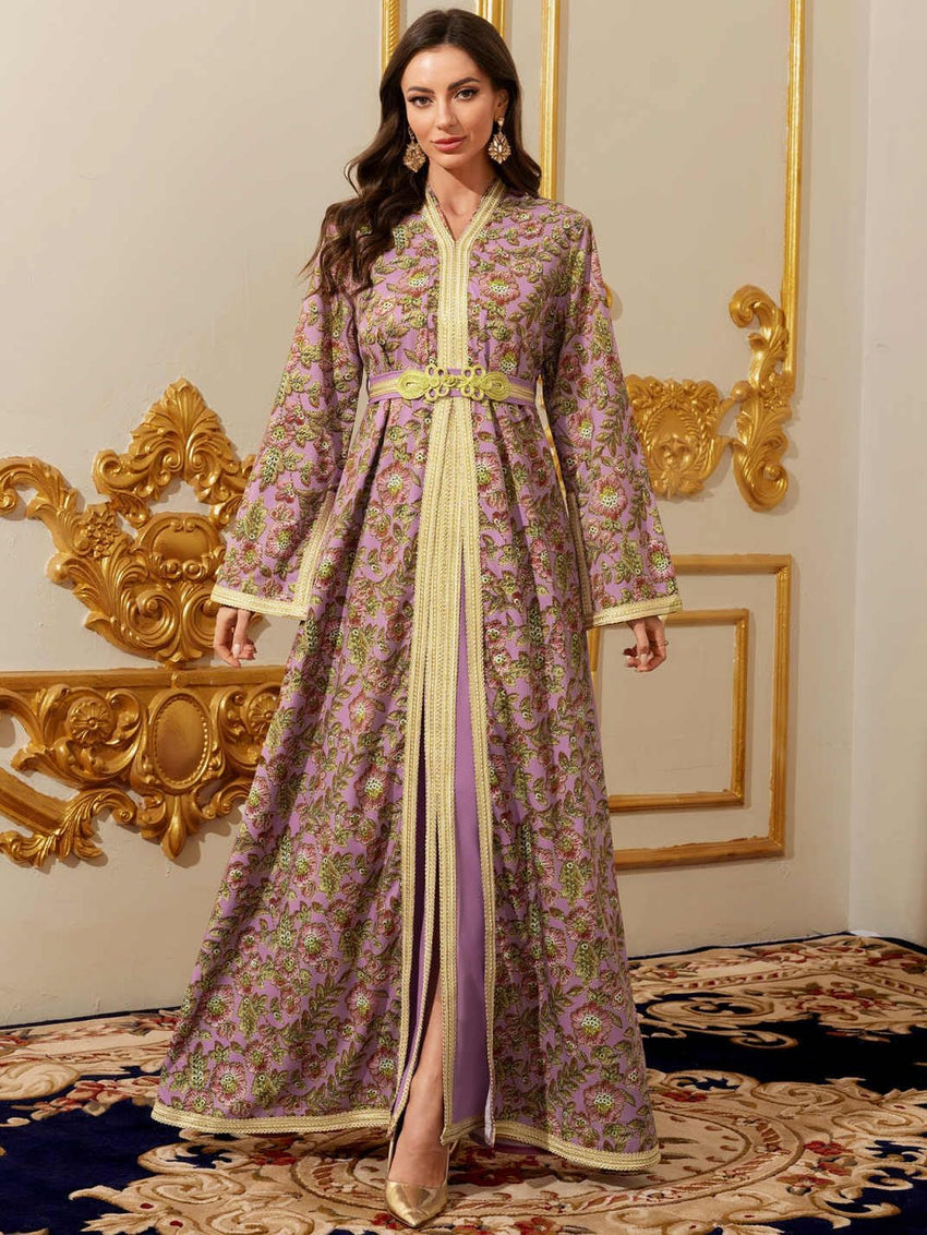 Abaya for Women Floral Embroidered Muslim Dress V-Neck Arabian Maxi Robe