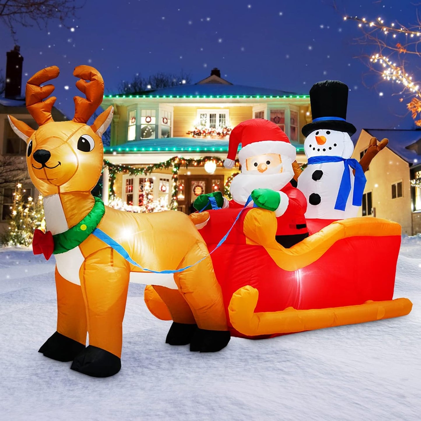 12 Foot Long Christmas Inflatables Santa Claus & Reindeer Sleigh Outdoor Decorations, Built-in LEDs Giant Funny Sled Merry Xmas Blow Up Yard Decoration Winter Inflatable Vacation Lawn Outside Blowups