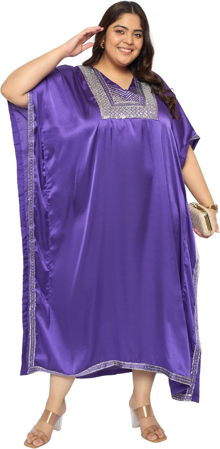 Gypsie Blu Women’s Plus Size Satin Sequin Kaftan Dress with Kimono Sleeves Casual Resort Wear Stylish Loose Fit Evening Dress