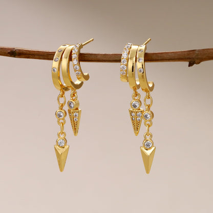 Gold Dangle Earrings for Women, 14k Gold Plated Stacked Triple Hoop Illusion Earrings Cubic Zirconia Huggie Earrings for Women Trendy