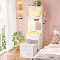 Gurexl 3 in 1 Small Vanity Desk with Lights and Mirror,Tall Lighted Compact Vanity with Charging Station,Makeup Vanity Set with Jewelry Armoire,Glass Top,Wheeled Stool with Storage,3 Drawers