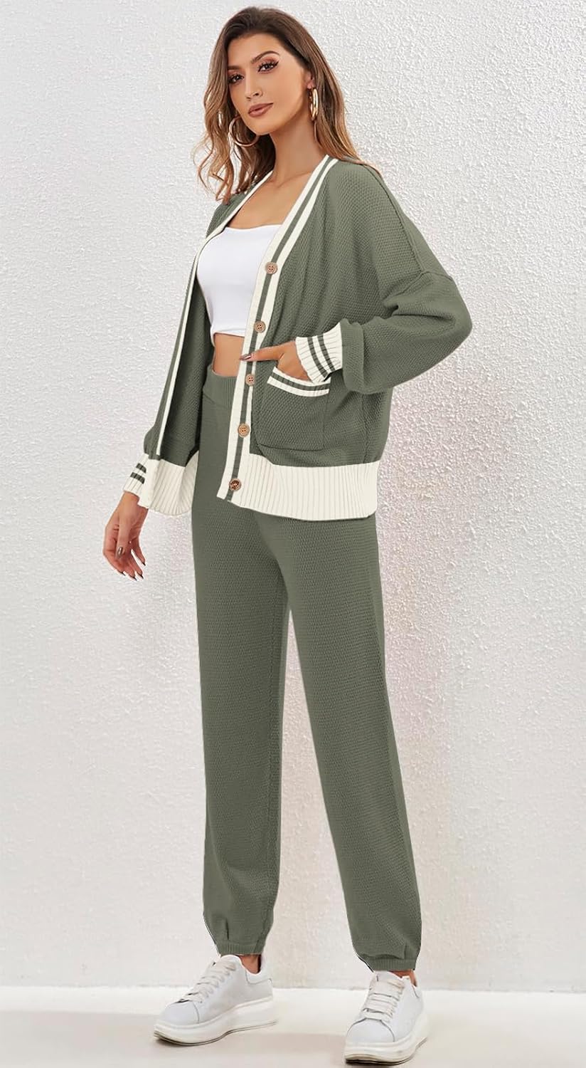 Women's 2 Piece Outfit Lounge Set Trendy Cardigan Sweater Pants Sets V Neck Button Pocket Knit Matching Loungewear