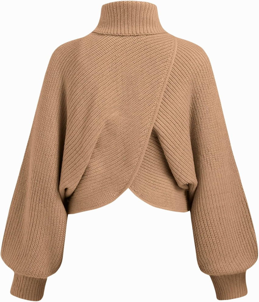 CIDER Cropped Sweaters for Women Turtleneck Sweater Long Sleeve Ribbed Knit Lantern Sleeve Pullover Fall Outfits