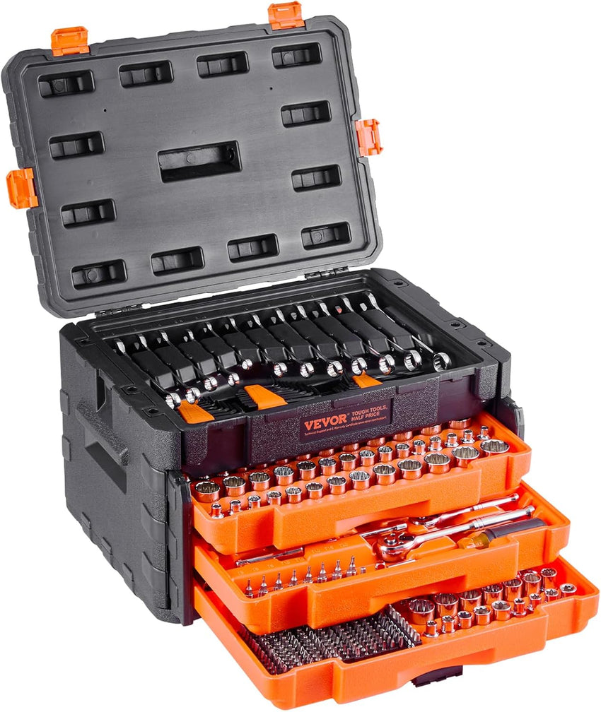 VEVOR Mechanics Tool Set and Socket Set, 1/4" 3/8" 1/2" Drive Deep and Standard Sockets, 450 Pcs SAE and Metric Mechanic Tool Kit with Bits, Combination Wrench, Hex Wrenches, Accessories, Storage Case