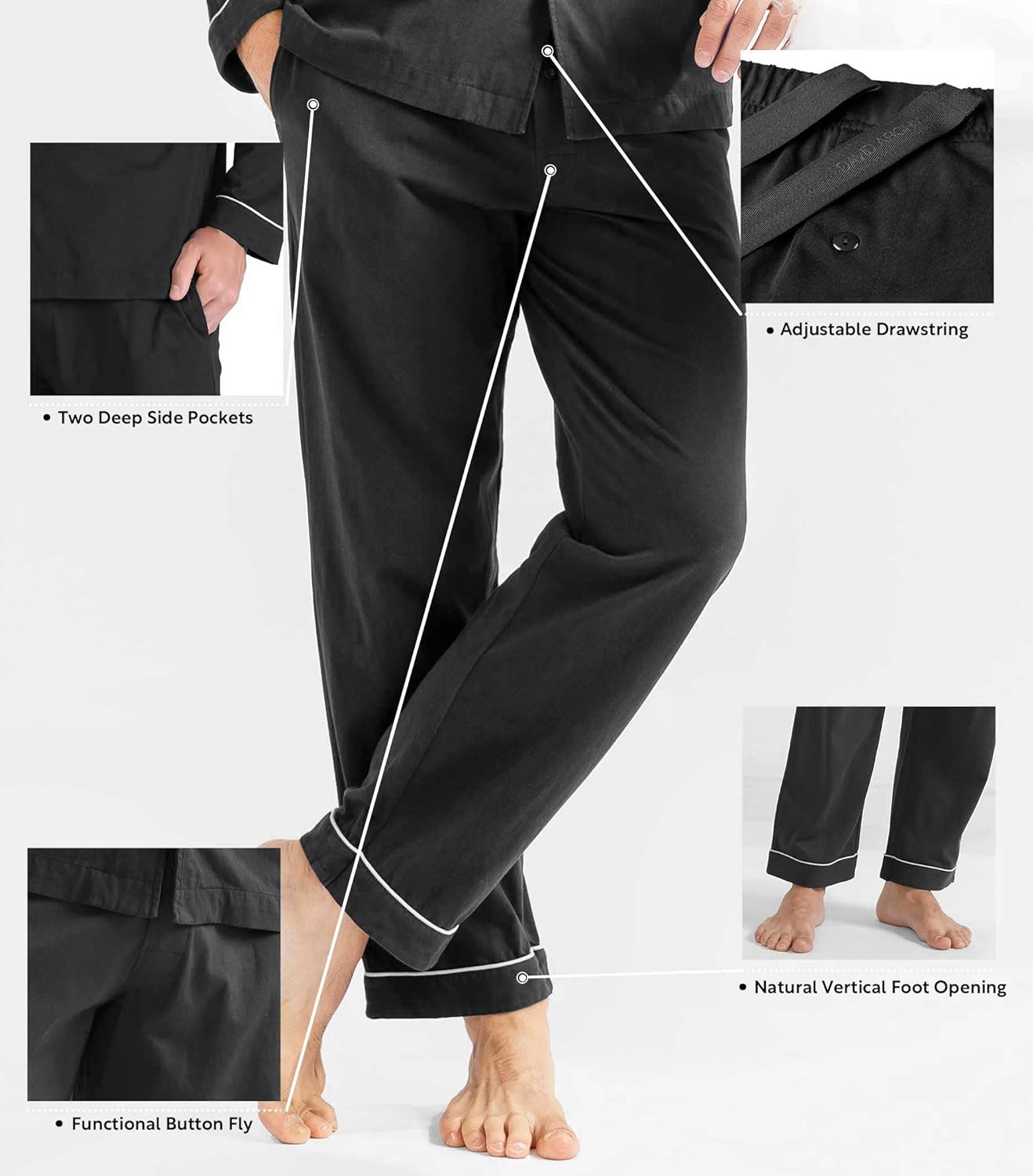 DAVID ARCHY Mens Pajamas Set Soft Cotton Notched Collar Pajamas for Men Long Sleeve Mens Sleepwear with Pockets & Front Fly