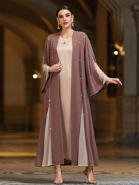 Handmade Beaded Open Front Robe Coat, Elegant Long Sleeve Outerwear Women's Modest Cover-Up, NO INNER, Mauve Brown