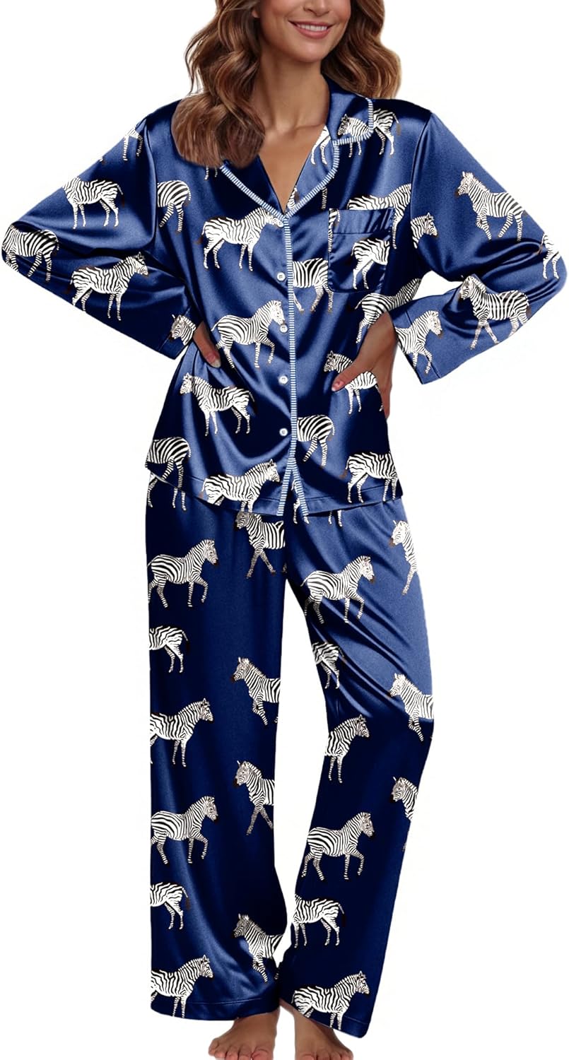 Ekouaer Pajamas For Women Set Silk Pjs 2 Piece Satin Sleepwear Long Sleeve Button Down Lounge Sets With Pant