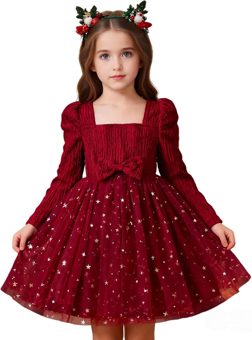 HNXDYY Little Girls Long Sleeve Star Print Knee Length Casual Princess Dress