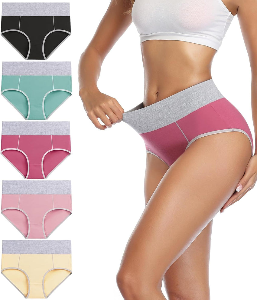 wirarpa Women's Cotton Underwear High Waist Stretch Briefs Soft Underpants Ladies Full Coverage Panties 5 Pack