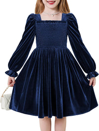 Arshiner Toddler Velvet Dress Girls Smocked Square Neck Puff Long Sleeve Party Dresses with Pockets 3-8Y