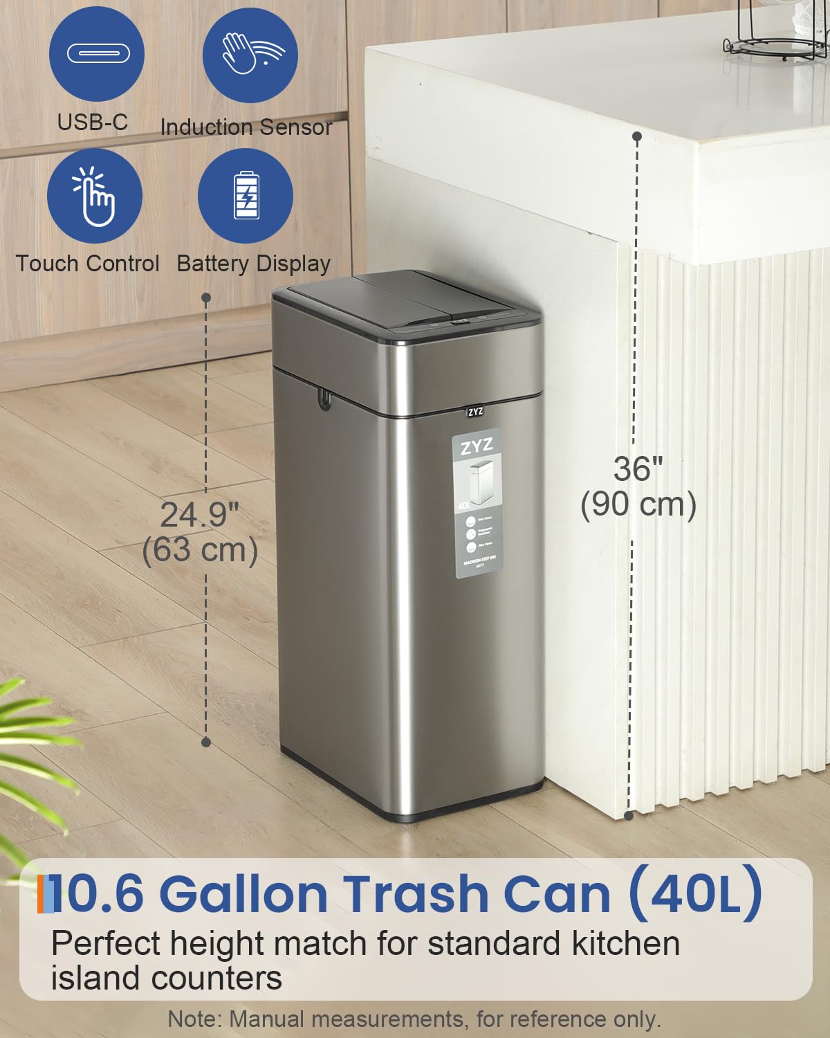 zyz Kitchen Trash Can 10.6 Gallon / 40 Liter, Garbage Cans with Butterfly Lid, Automatic Sensor Trash Bin, USB Type C 1500mAh Battery, Stainless Steel, Touchless and Soft Close, Restaurants Garages