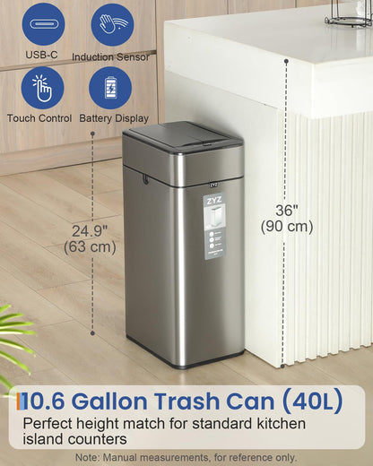 zyz Kitchen Trash Can 10.6 Gallon / 40 Liter, Garbage Cans with Butterfly Lid, Automatic Sensor Trash Bin, USB Type C 1500mAh Battery, Stainless Steel, Touchless and Soft Close, Restaurants Garages