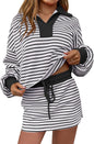 Womens 2 Piece Set Striped Sweatshirt Skirt Set Casual Long Sleeve Skort Workout Matching Lounge Set with Pockets