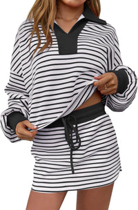 Womens 2 Piece Set Striped Sweatshirt Skirt Set Casual Long Sleeve Skort Workout Matching Lounge Set with Pockets
