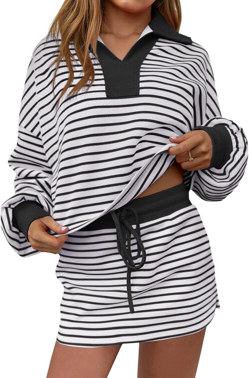 Womens 2 Piece Set Striped Sweatshirt Skirt Set Casual Long Sleeve Skort Workout Matching Lounge Set with Pockets