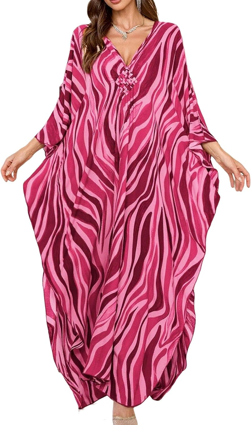 Women Kaftan Dresses Plus Size V-Neck Batwing Sleeves Beach Cover Up 2025 Summer Floral Print Caftan Dress