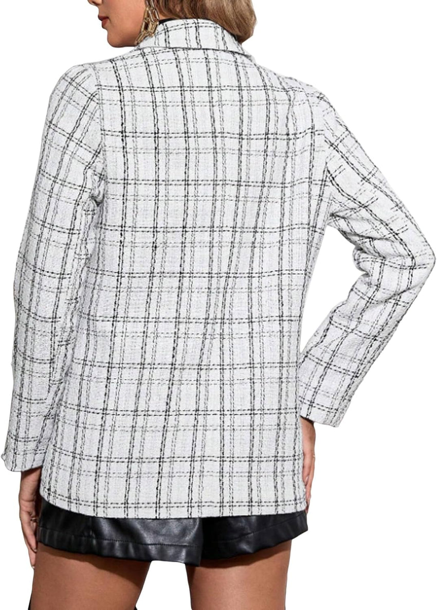 Mina Self 2025 Fall Women's Tweed Blazer Plaid - Fully-Lined Double-Breasted Fashion Slim Casual Office Work Jacket Pockets
