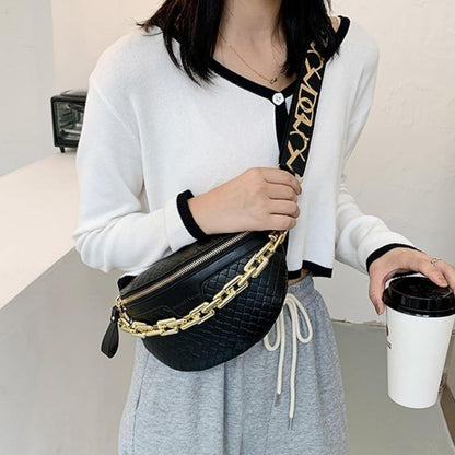 Thick Chain Women's Fanny Pack Plaid leather Waist Bag Shoulder Crossbody Chest Bags Luxury Designer Handbags Female Belt Bag