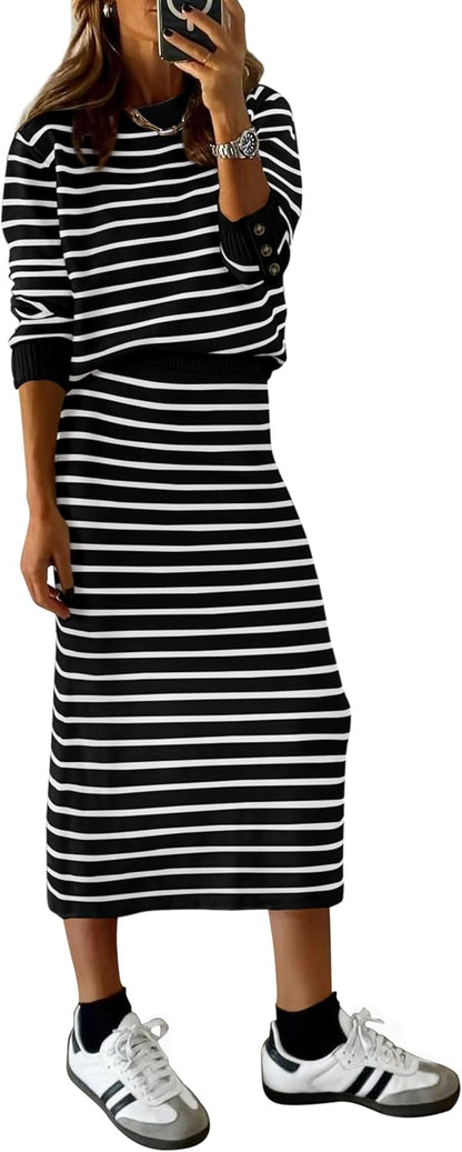 PRETTYGARDEN 2 Piece Skirts Sets For Women Fall Fashion 2025 Striped Sweater Dress Knit Lounge Travel Outfits Winter Clothing