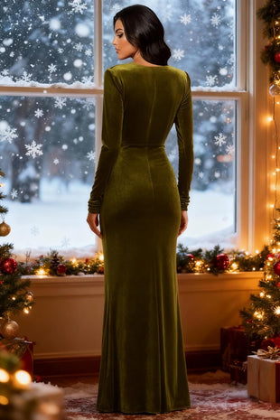 Long Sleeve Velvet Formal Dresses with Tie Long V Neck Mermaid Empire Waist Evening Prom Gowns