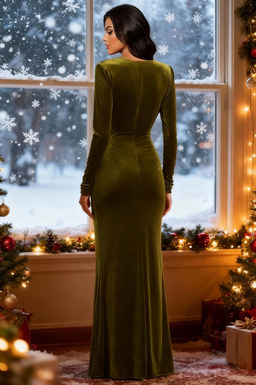 Long Sleeve Velvet Formal Dresses with Tie Long V Neck Mermaid Empire Waist Evening Prom Gowns