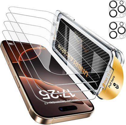 UNBREAKcable for iPhone 16 Pro Screen Protector 4+2 Pack [9H+ Military-Grade Shatterproof] [Effortless Bubble-Free Installation] Ultra HD Clarity Tempered Glass with Lens Protector, Case friendly