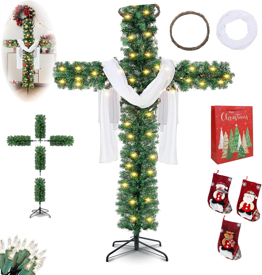Cross Christmas Tree - 6 Ft Pre-Lit Artificial Pine Cross With LED Lights and White Crown Silk (4ft)