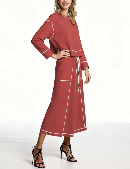 Women’s 2 Piece Skirt Sets Long Sleeve Crewneck Pullover Tops Drawstring Midi Skirt Lounge Set Fall Outfits
