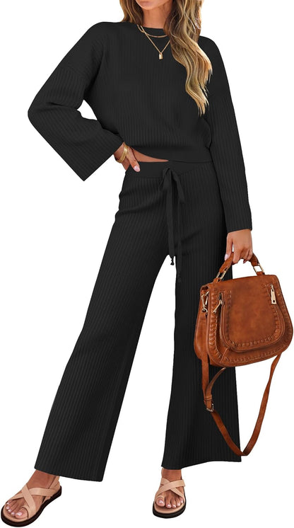 ZESICA Women's 2 Piece Outfits Set 2025 Casual Long Sleeve Knit Pullover Top and Wide Leg Pants Sweatsuit Lounge Sets